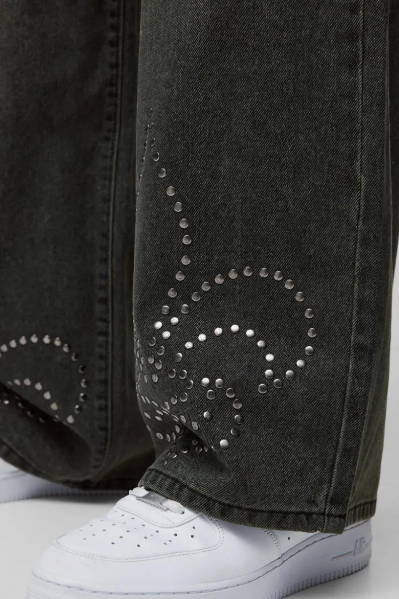 Cheap boohooMAN Baggy Rigid Cross Stud Applique Denim Jeans petrol
