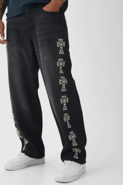 Fashion boohooMAN Baggy Rigid Embellished Cross Jeans washed black