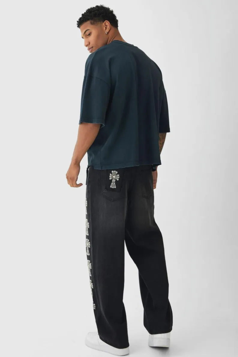 Fashion boohooMAN Baggy Rigid Embellished Cross Jeans washed black