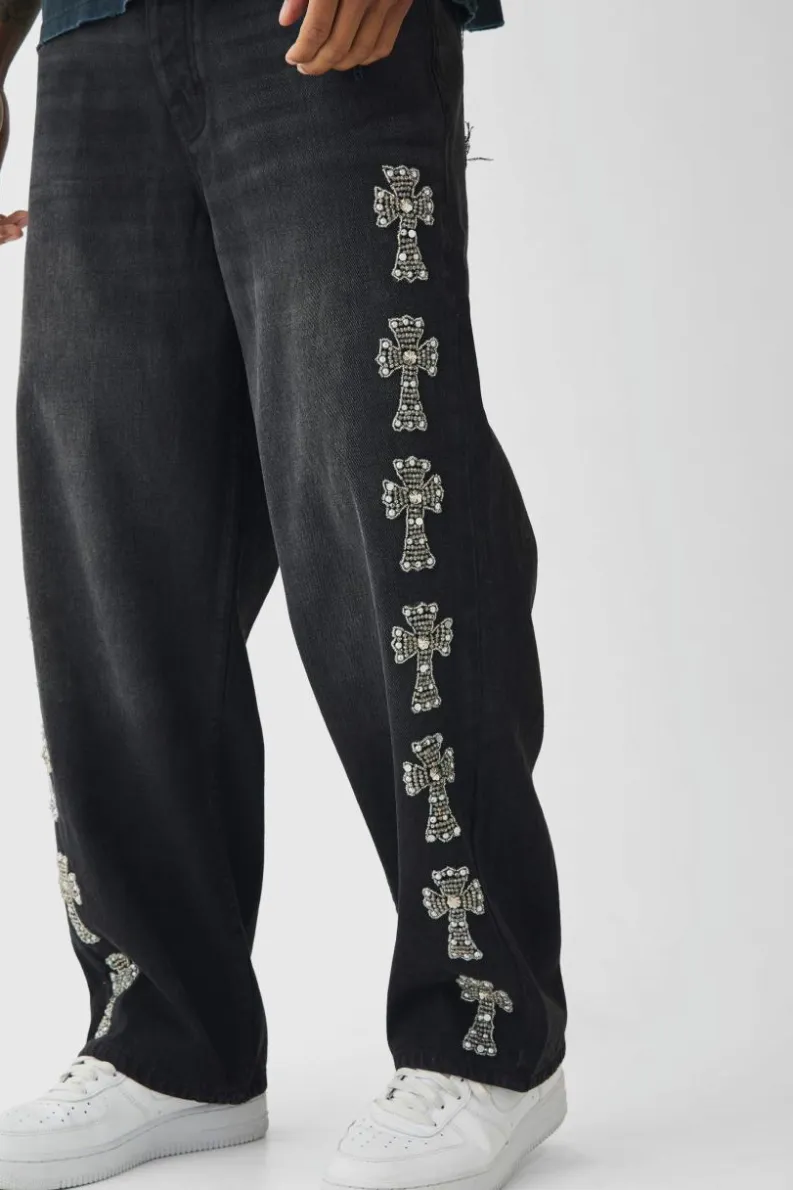 Fashion boohooMAN Baggy Rigid Embellished Cross Jeans washed black