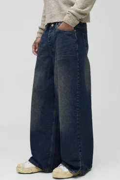 Store boohooMAN Baggy Rigid Extreme Washed Split Hem Denim Jeans antique blue