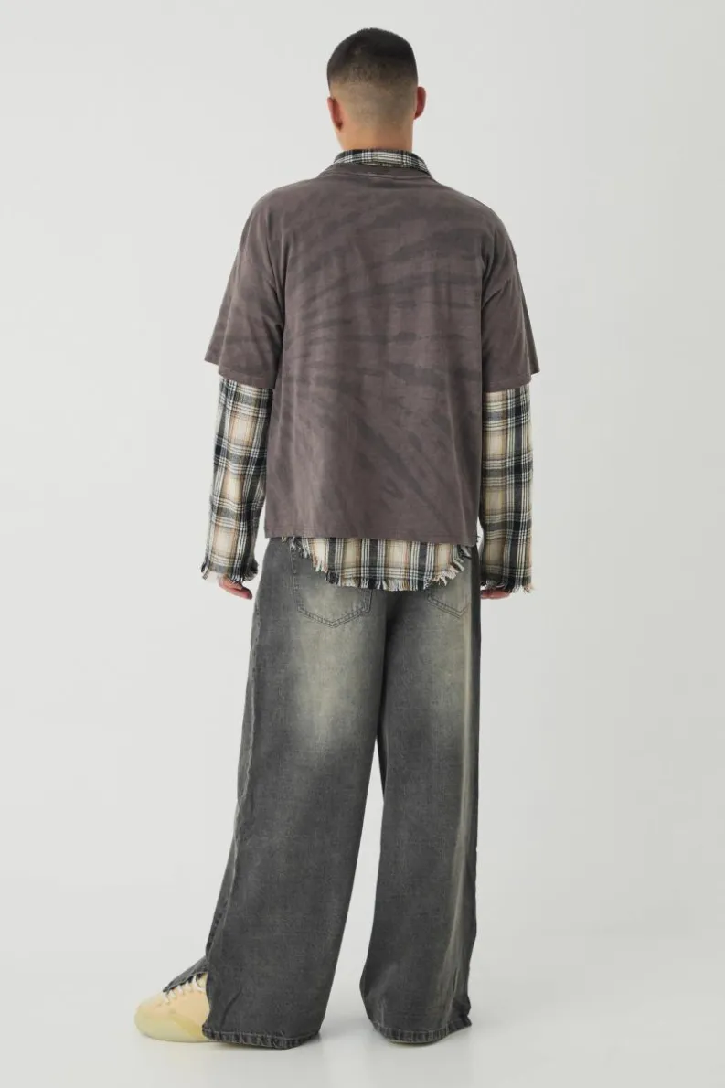 Best boohooMAN Baggy Rigid Extreme Washed Split Hem Denim Jeans grey