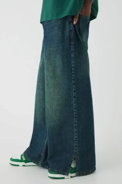 Best Sale boohooMAN Baggy Rigid Extreme Washed Split Hem Denim Jeans green