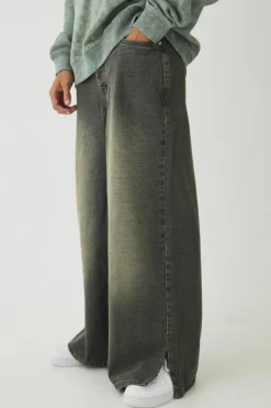 Outlet boohooMAN Baggy Rigid Extreme Washed Split Hem Denim Jeans stone