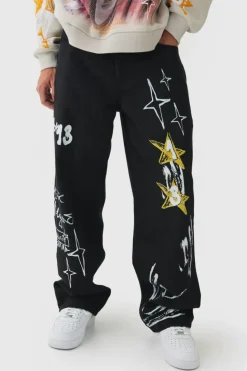 Hot boohooMAN Baggy Rigid Graffiti Printed Jeans black