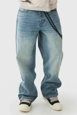 Best Sale boohooMAN Baggy Rigid Laser Print Lightning Jeans vintage blue