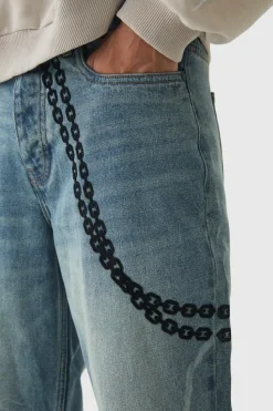 Best Sale boohooMAN Baggy Rigid Laser Print Lightning Jeans vintage blue