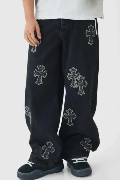 Outlet boohooMAN Baggy Rigid Leopard Cross Applique Denim Jeans black