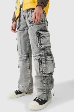 Best boohooMAN Baggy Rigid Multi Cargo Pocket Strap Detail Acid Wash Jeans charcoal
