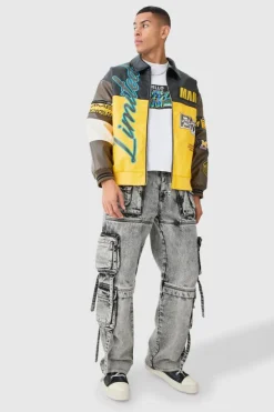 Best boohooMAN Baggy Rigid Multi Cargo Pocket Strap Detail Acid Wash Jeans charcoal