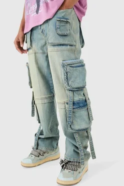 Store boohooMAN Baggy Rigid Multi Pocket Cargo Strap Denim Jean In light blue