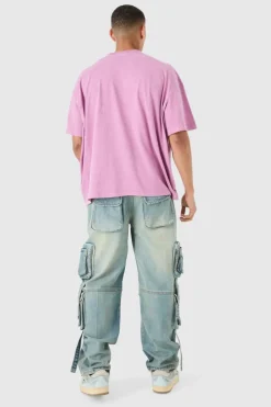 Store boohooMAN Baggy Rigid Multi Pocket Cargo Strap Denim Jean In light blue
