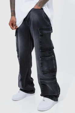 New boohooMAN Baggy Rigid Multi Pocket Cargo Bleached Jeans black