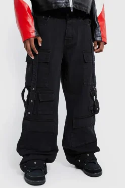 Hot boohooMAN Baggy Rigid Multi Pocket Flare Jeans black
