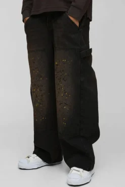 Hot boohooMAN Baggy Rigid Paint Splatter Carpenter Denim Jeans brown