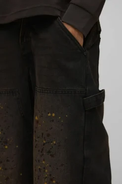 Hot boohooMAN Baggy Rigid Paint Splatter Carpenter Denim Jeans brown