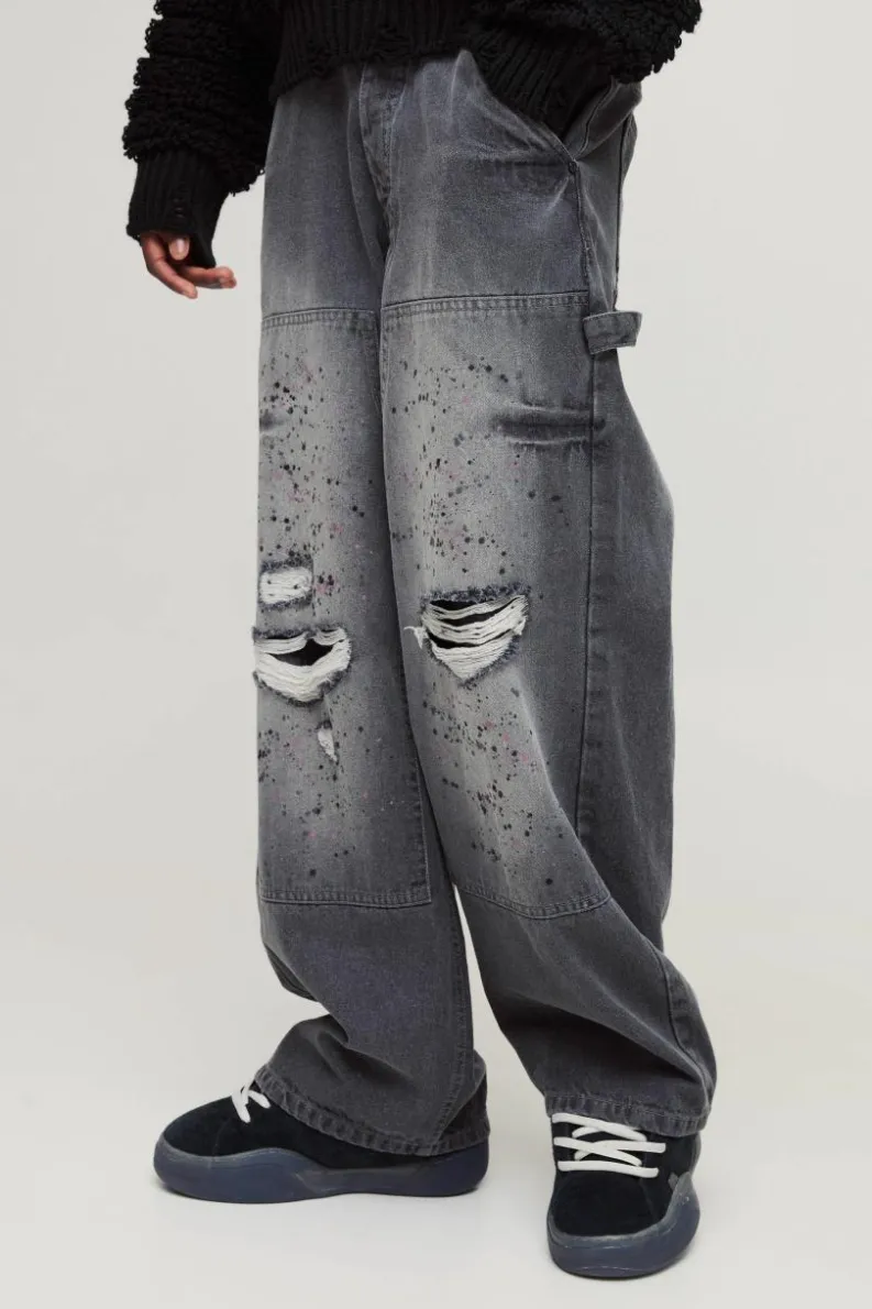 Hot boohooMAN Baggy Rigid Paint Splatter Carpenter Denim Jeans grey