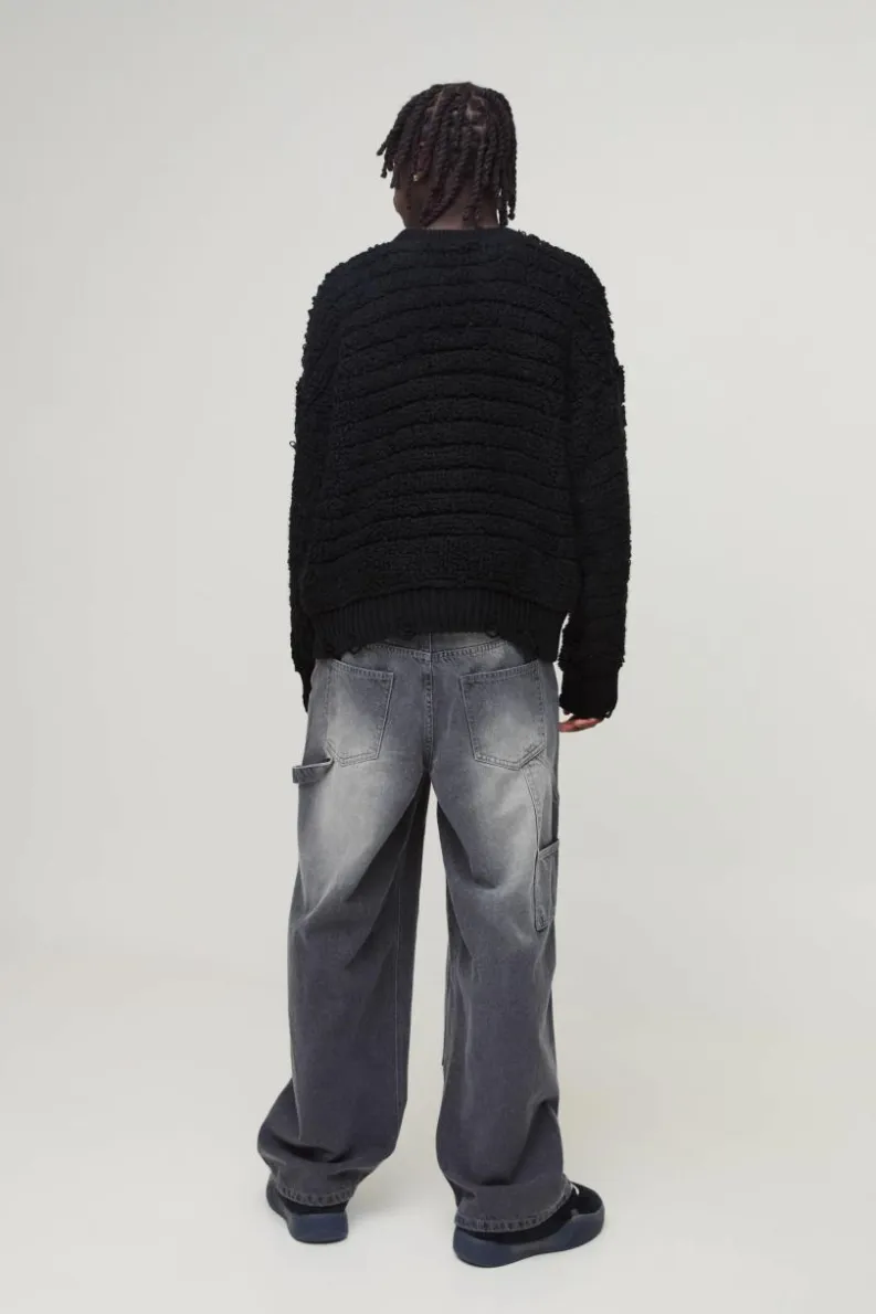 Hot boohooMAN Baggy Rigid Paint Splatter Carpenter Denim Jeans grey
