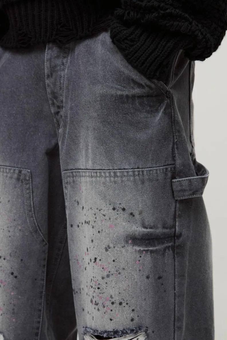 Hot boohooMAN Baggy Rigid Paint Splatter Carpenter Denim Jeans grey
