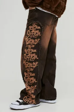 Clearance boohooMAN Baggy Rigid Printed Panel Denim Jeans brown