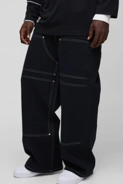 Cheap boohooMAN Baggy Twill Contrast Stitch Carpenter Trousers black