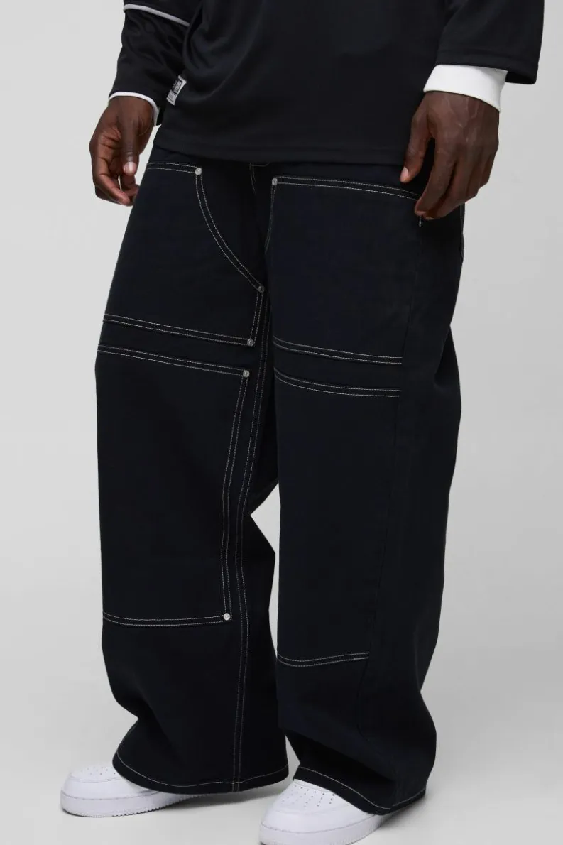 Cheap boohooMAN Baggy Twill Contrast Stitch Carpenter Trousers black