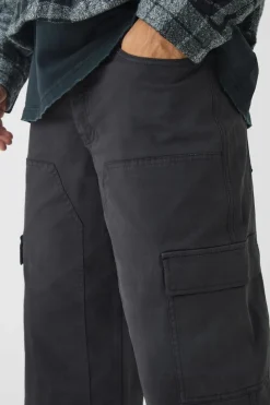Best Sale boohooMAN Baggy Twill Overdye Carpenter Cargo Trousers charcoal