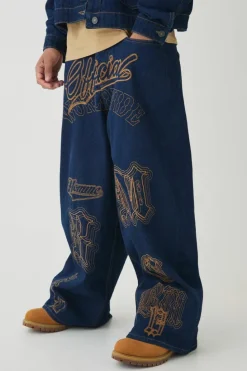 Hot boohooMAN Balloon Fit Rigid Contrast Stitch Ripped Jeans indigo