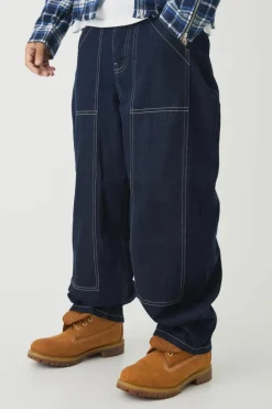 Cheap boohooMAN Balloon Rigid Contrast Stitch Denim Jeans indigo