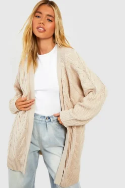 Cheap boohoo Balloon Sleeve Mixed Cable Knitted Cardigan stone