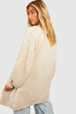 Cheap boohoo Balloon Sleeve Mixed Cable Knitted Cardigan stone