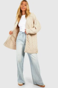 Cheap boohoo Balloon Sleeve Mixed Cable Knitted Cardigan stone