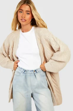 Cheap boohoo Balloon Sleeve Mixed Cable Knitted Cardigan stone