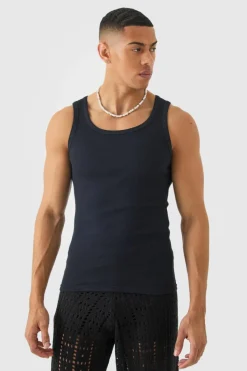 Hot boohooMAN Basic Muscle Fit Ribbed Vest black