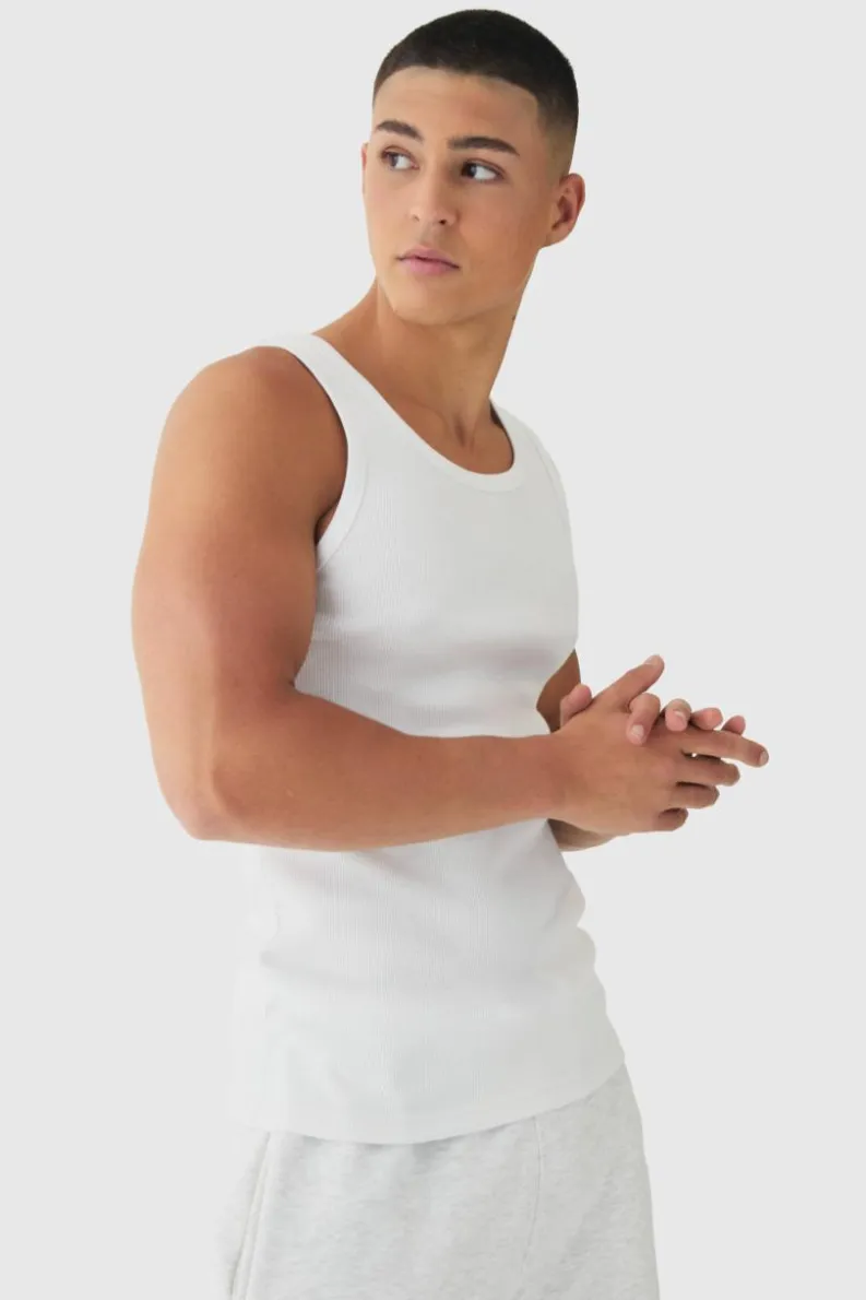 Cheap boohooMAN Basic Muscle Fit Ribbed Vest white