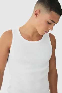 Cheap boohooMAN Basic Muscle Fit Ribbed Vest white