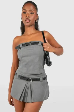 Clearance boohoo Belt Detail Pleated Micro Mini slate grey