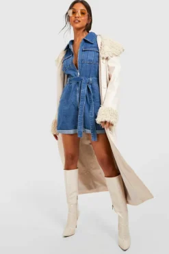 Store boohoo Belted Cargo Denim Playsuit mid blue