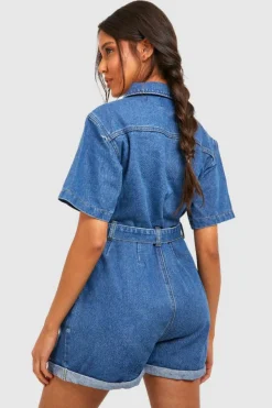 Store boohoo Belted Cargo Denim Playsuit mid blue
