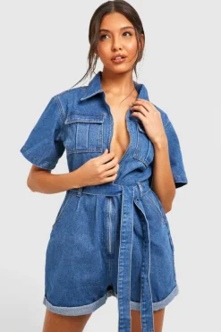 Store boohoo Belted Cargo Denim Playsuit mid blue