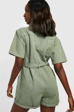 Shop boohoo Belted Cargo Denim Playsuit khaki