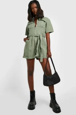 Shop boohoo Belted Cargo Denim Playsuit khaki