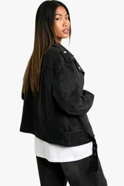 Outlet boohoo Belted Denim Biker Jacket washed black
