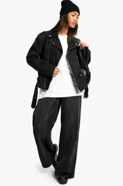 Outlet boohoo Belted Denim Biker Jacket washed black