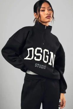 Cheap boohoo Dsgn Studio Half Zip Applique Oversized Sweatshirt black
