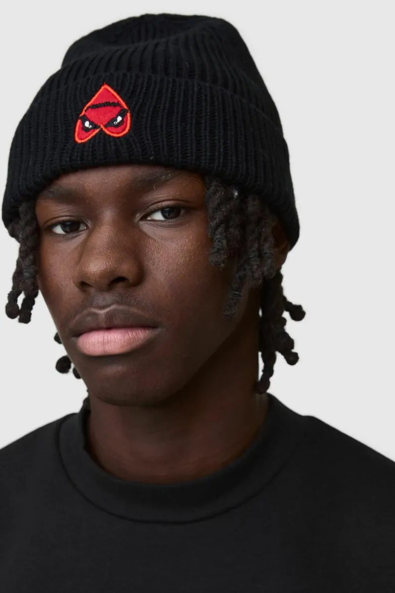 Store boohooMAN Heart Graphic Ribbed Beanie black