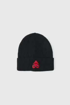 Store boohooMAN Heart Graphic Ribbed Beanie black