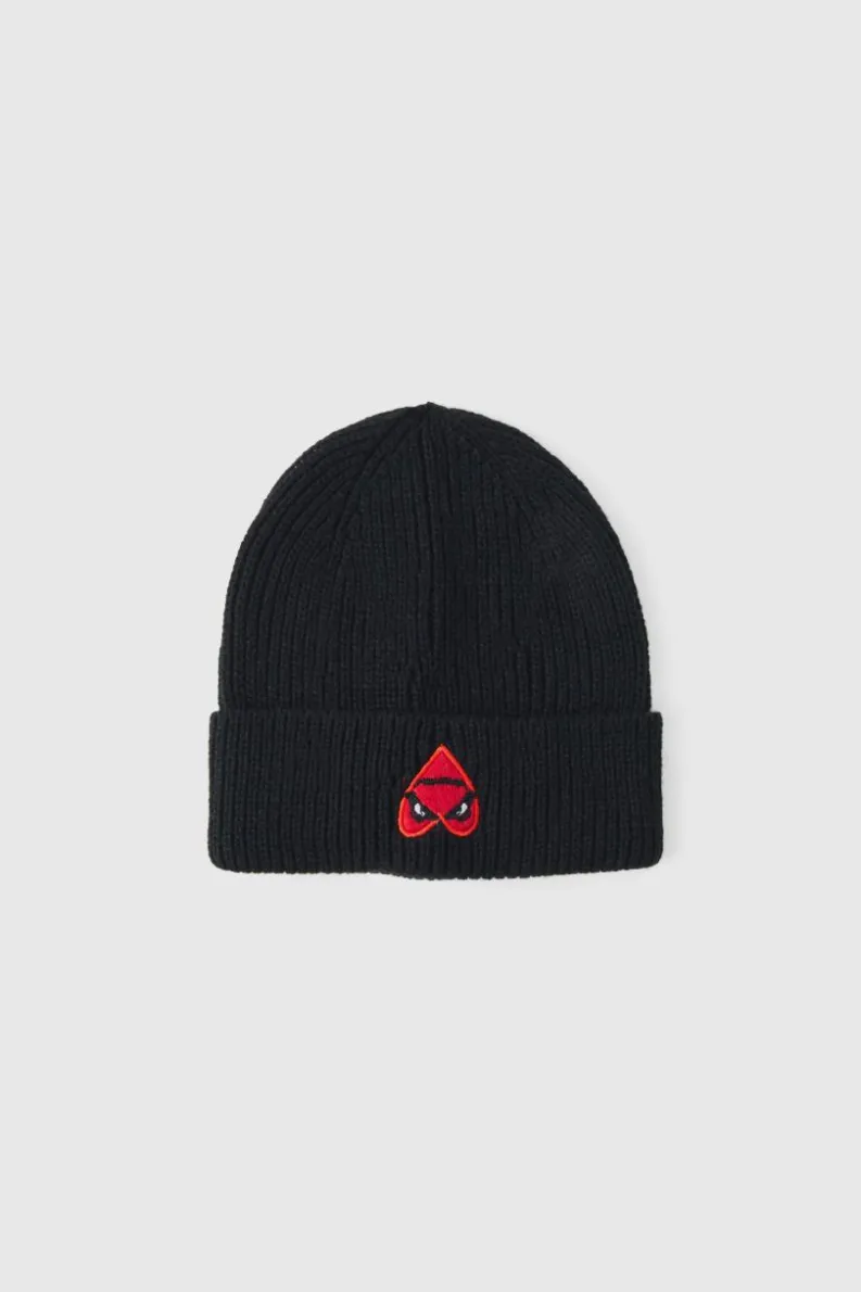 Store boohooMAN Heart Graphic Ribbed Beanie black