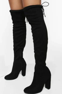 New boohoo Block Heel Tie Faux Suede Thigh High Boots black