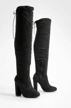 New boohoo Block Heel Tie Faux Suede Thigh High Boots black